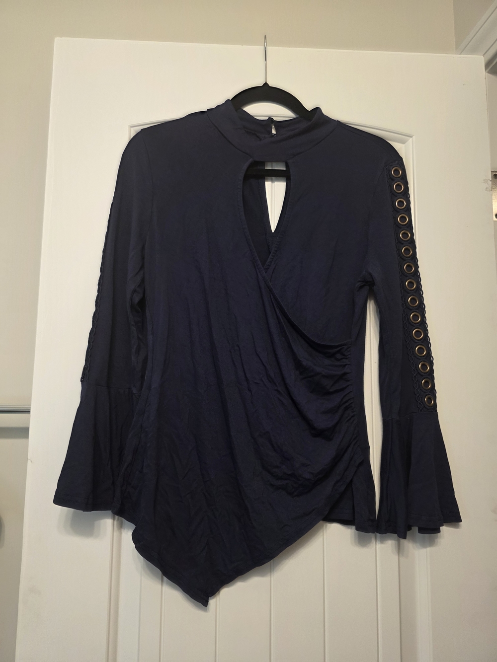 Venus Women’s Navy Eyelet Sleeve Asymmetric Top